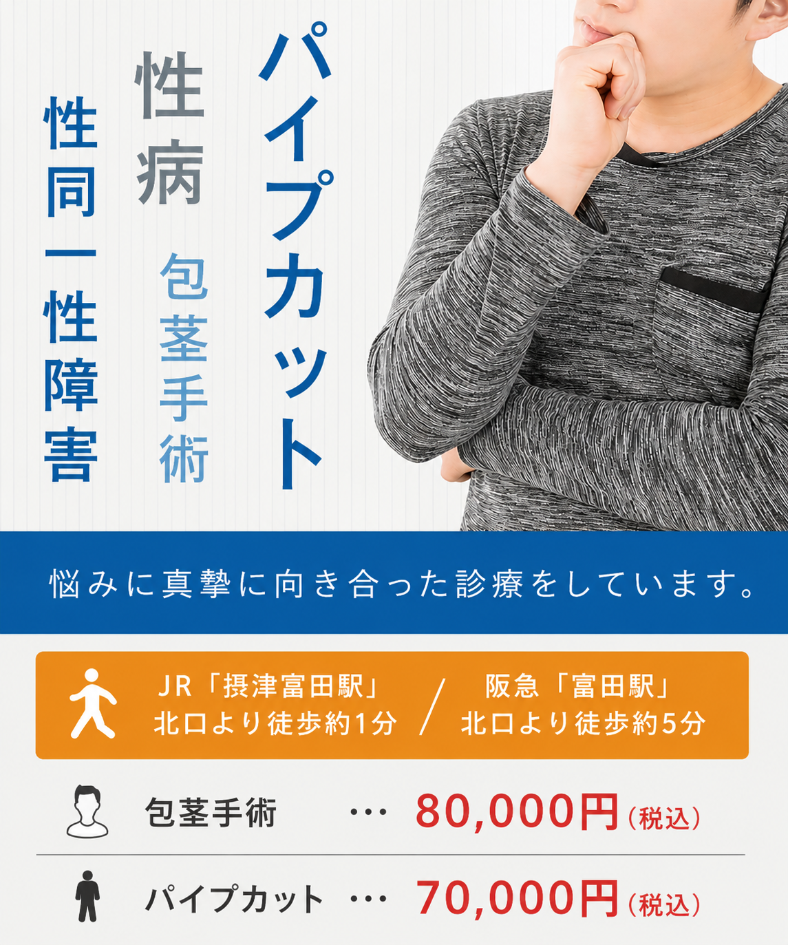 パイプカット 性病 包茎手術 性同一性障害 悩みに真摯に向き合った診療をしています。 JR「摂津富田駅」北口より徒歩約1分/ 阪急「富田駅」北口より徒歩約5分 パイプカット…60,000円(税込) 、包茎手術…60,000円～70,000円(税込)